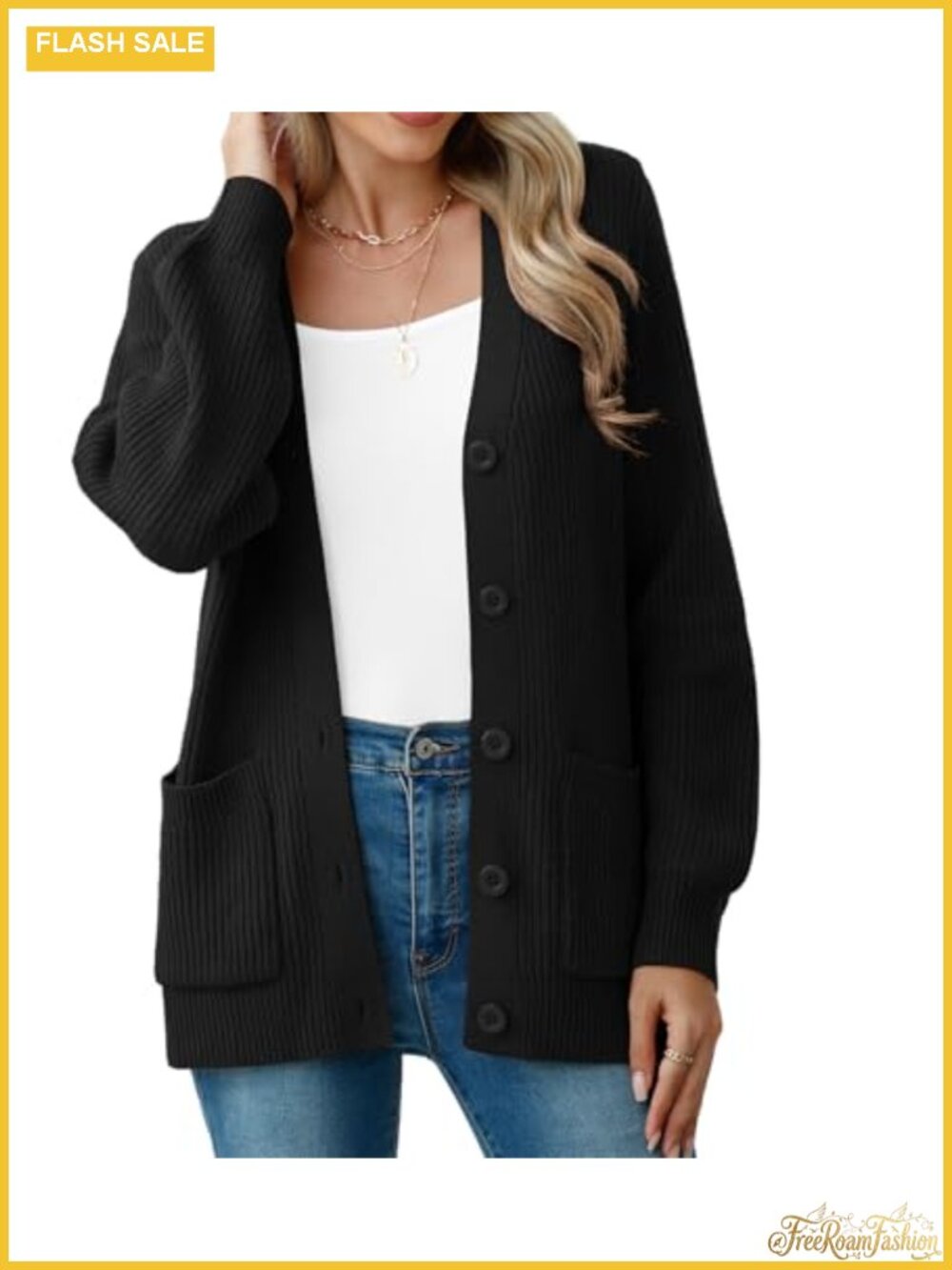 Chunky Knit Cardigan Sweater Long Sleeve V Neck Button Up with Pockets